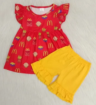 

2020 Hot Sale Baby Girls French Fries Hamburger Print Outfits Summer Kids Wear Ruffle Shorts Clothes Sets