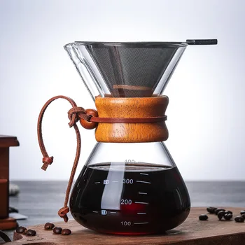 

High-Temperature Resistant Glass Coffee Pot Coffee Coffeepot Heat Resistant Wooden Handle Hand Wash Pot Borosilicate Glass Pot