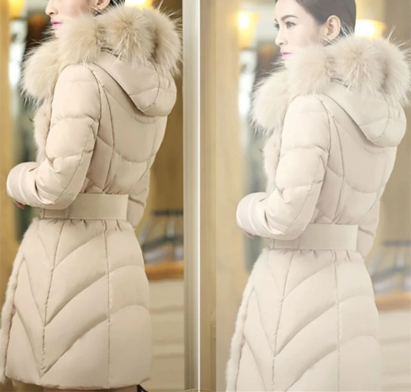 Брендовая модная женская элегантная зимняя теплая куртка-пуховик, парка с мехом, женские тонкие толстовки, длинное недорогое пальто с поясом, манто для женщин