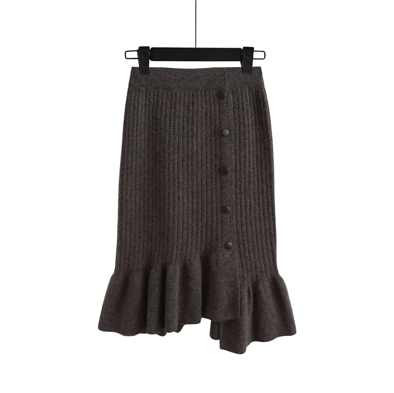 Плотная Теплая Зимняя юбка асимметричная с оборками Элегантная черная женская вязаная юбка с пуговицами эластичная юбка миди jupe femme - Цвет: Серый