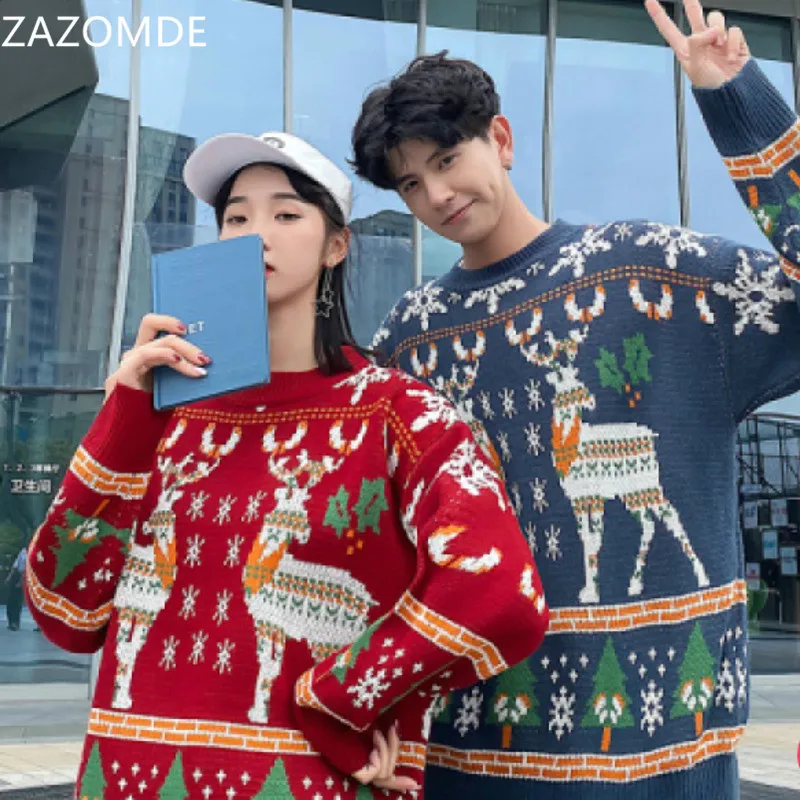 

ZAZOMDE 2021 Winter Couple Sweater Men New O-neck Thickened Warm Pullovers High Street Men Pullovers Loose Harajuku Xmas Sweater