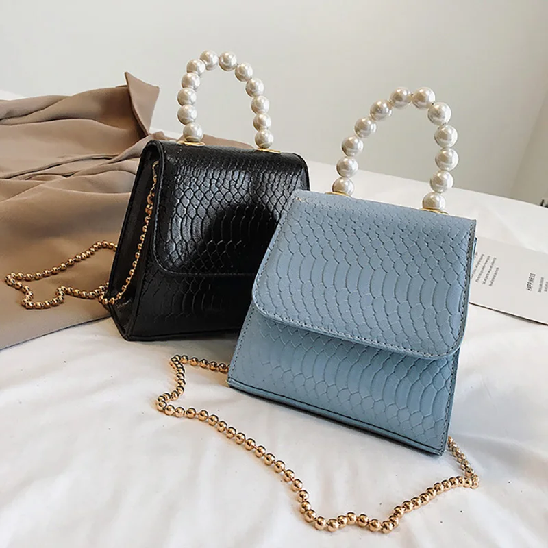 

Crossbody Bag For Women Fashion Snake Pattern Handbag PU Leather Shoulder Bags Female Chain Pearl Handle Party Day Clutches 2019