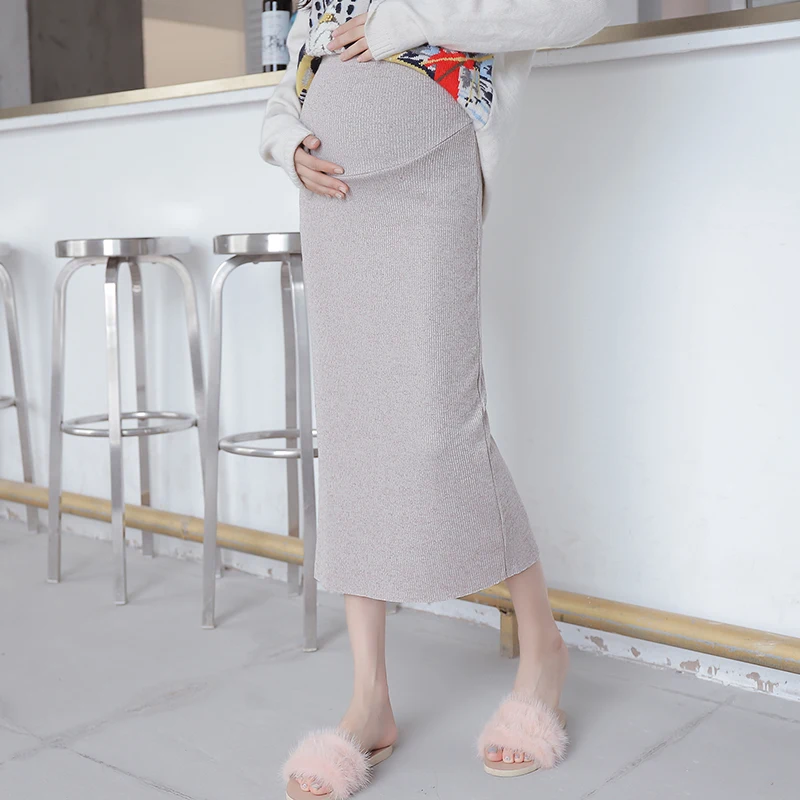 Черный/серый Регулируемая Талия для беременных трикотажная имперская юбка длинный дизайн сзади Сплит визуальное уменьшение бедер Подушка для беременных юбки элегантные