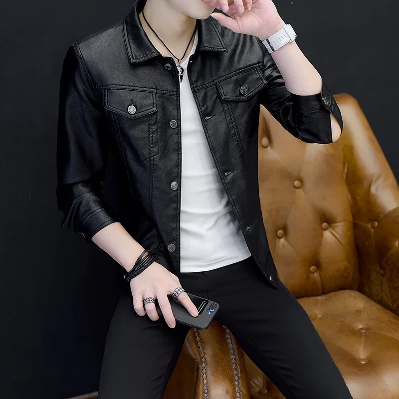 

MEN'S Leather Coat Autumn And Winter Slim Fit Korean-style Trend Youth Biker Leather Jacket MEN'S Coat Leather Jacket
