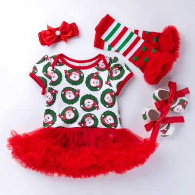 Рождественский Детский комбинезон с короткими рукавами и принтом для маленьких девочек, кружевное платье с оборками+ повязка на голову+ обувь+ гетры, комплект одежды для новорожденных