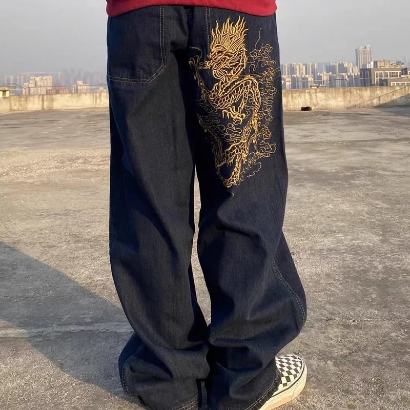 Retro Street Skateboarding Street Dance Loose Chinese Dragon Embroidered High Waist Jeans Womens Daddy Mopping Jeans Womens 2021 fashion clothing