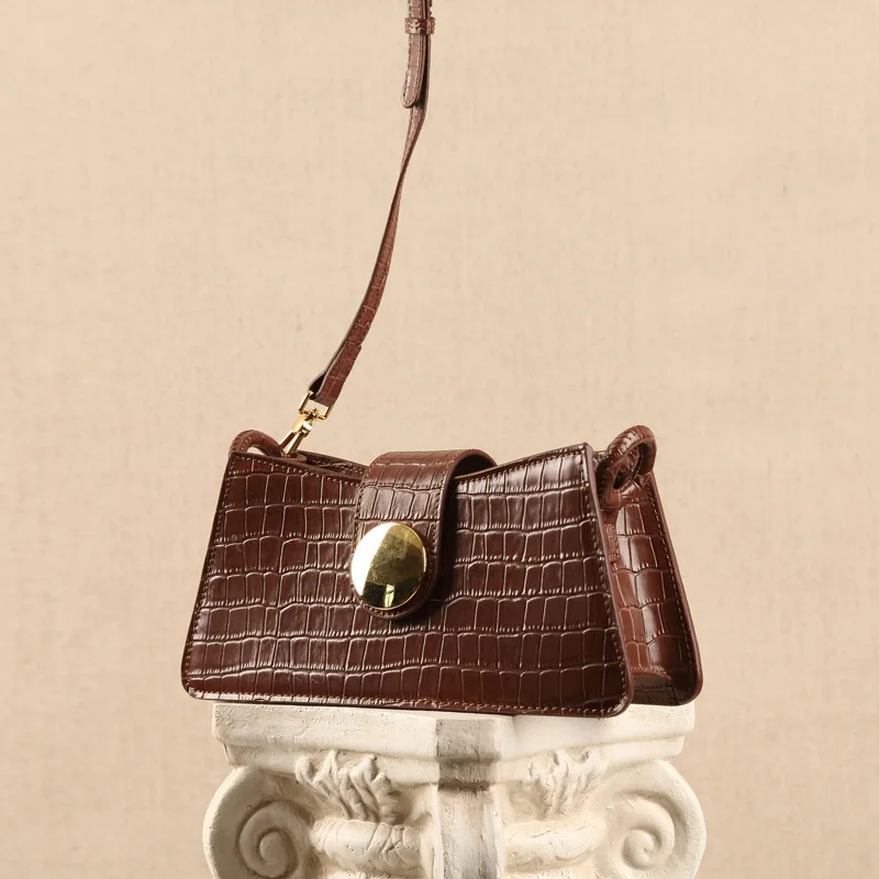 

Mirror Metal Round Buckle Baguette Bag Retro Crocodile pattern shoulder underarm bag Lady Square Cowhide Leather Pochette winter