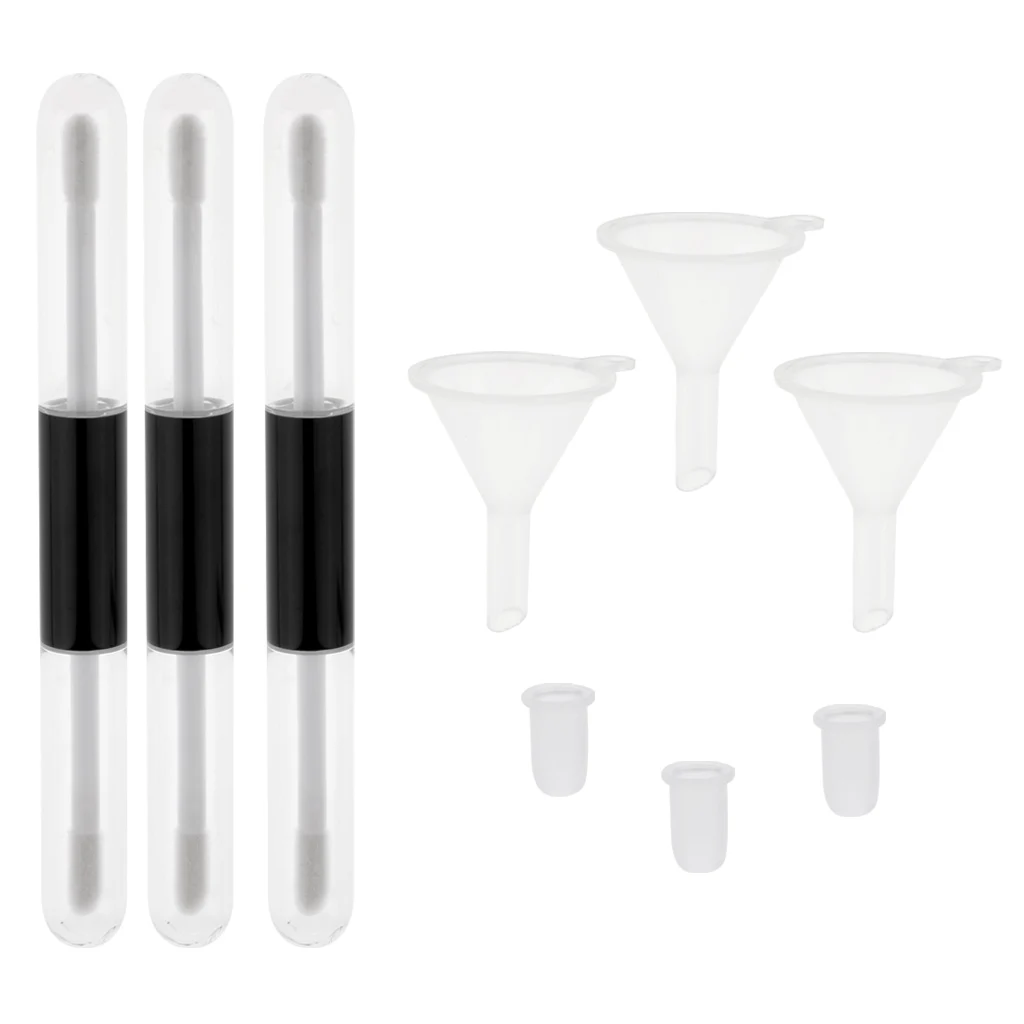 Double Head Plastic 4ml Empty Refill Clear Lip Gloss Tube Bottle Black Cap Container with Funnels , Rubber Inserts, Pack of 3