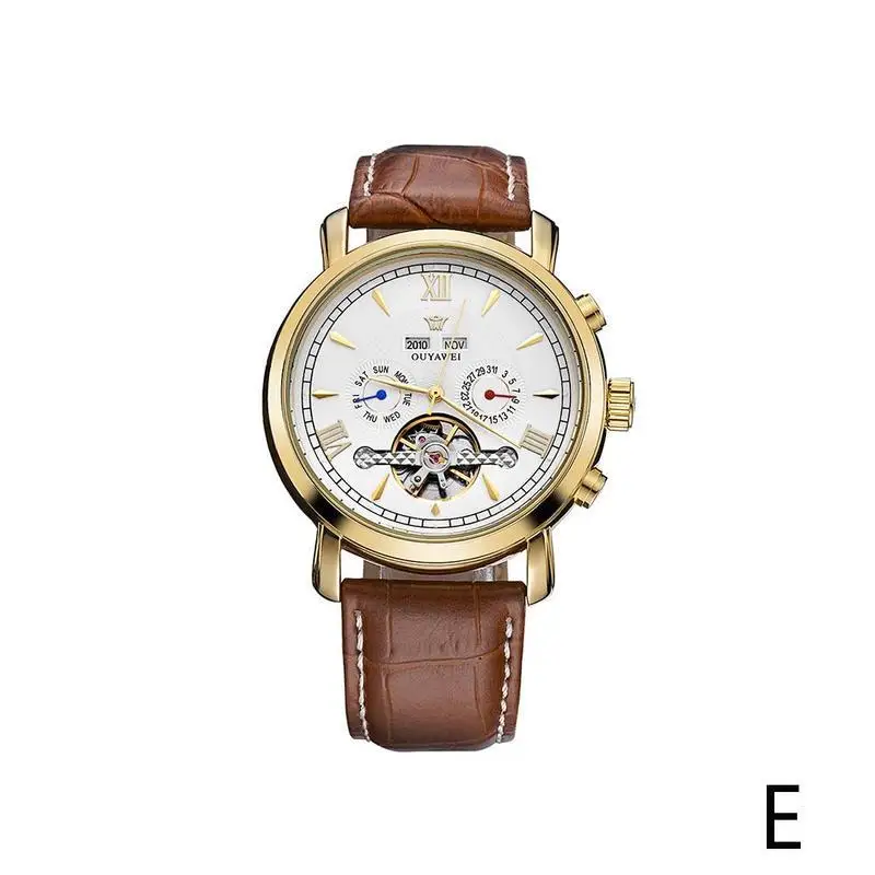 Hot Sale OUYAWEI Leather Automatic Multi-function Men's 30m Waterproof Mechanical Watch Luxury Brand Men Fashion Watches - Color: E