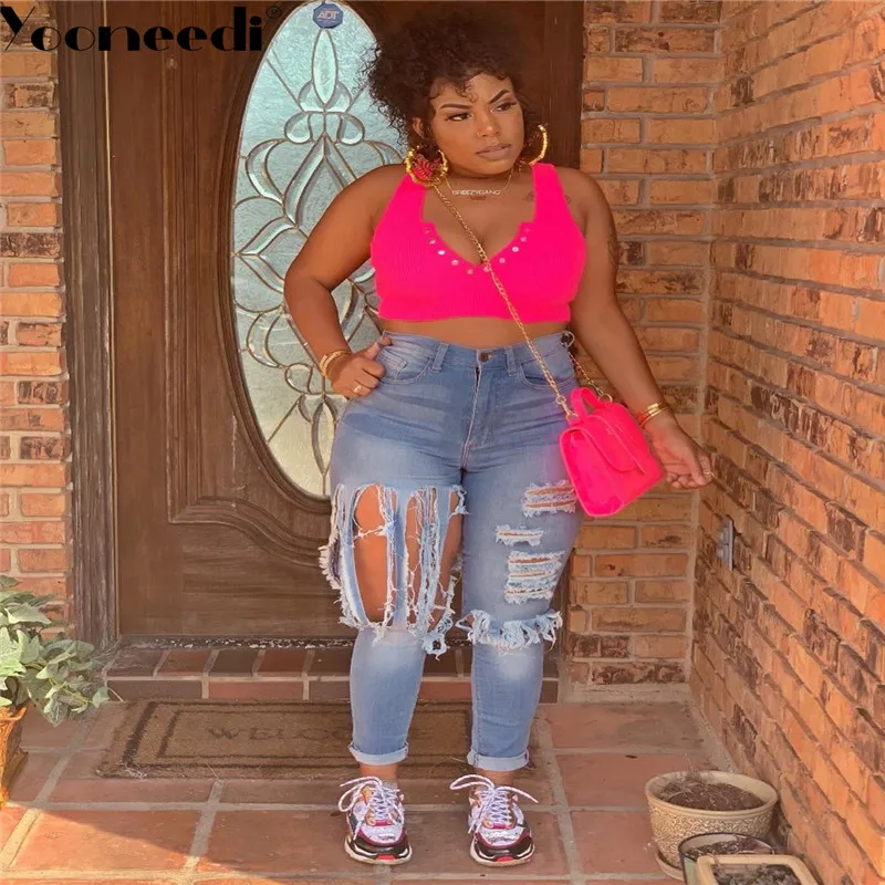Yooneedi Autumn Design Sexy Plus Size Women Jeans Color Solid Hole Ladies Denim Pants TY-002