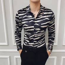 Стильные мужские бархатные рубашки в полоску с принтом, мужские фланелевые рубашки, новинка, вечерние Клубные наряды, приталенная британская одежда