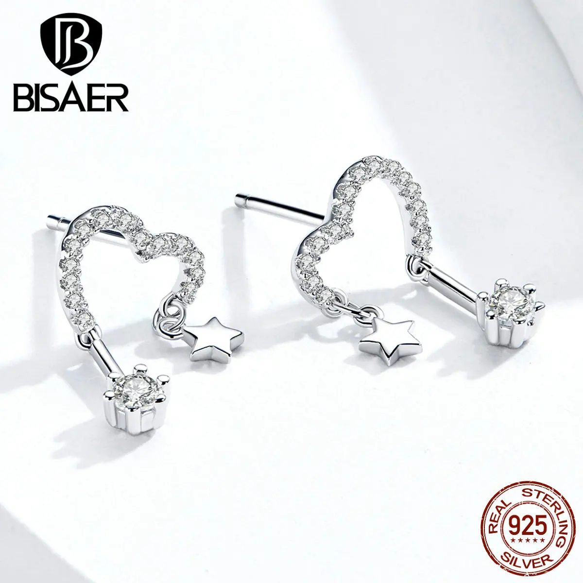 Звезда Сердце BISAER Горячая 925 пробы серебро сердце любовь звезда форма циркония серьги гвоздики для женщин серебряные ювелирные изделия EFE277