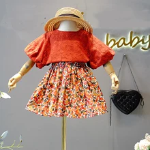 Conjuntos de ropa para niña, Tops huecos de encaje + Falda corta Floral, traje de princesa para niño pequeño, ropa para niño 2020