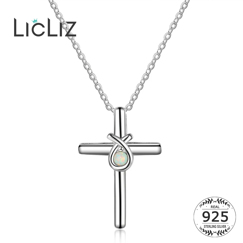 

LicLiz, новинка, Стерлинговое Серебро 925 пробы, модный, крученый крест, белый опал, подвеска, ожерелья для женщин, серебро, длинная цепочка, ювелирное изделие, LN0483