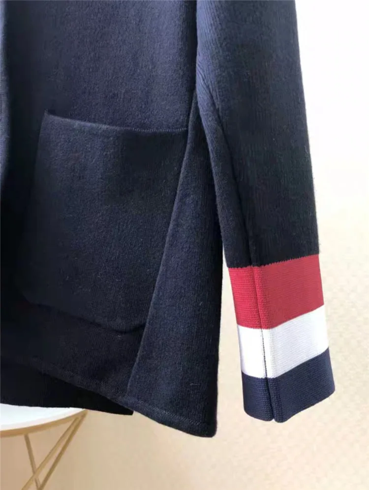 Women Knitted Cardigan Casual Solid Color Sweater Stripe Double Pockets Knitted Jacket
