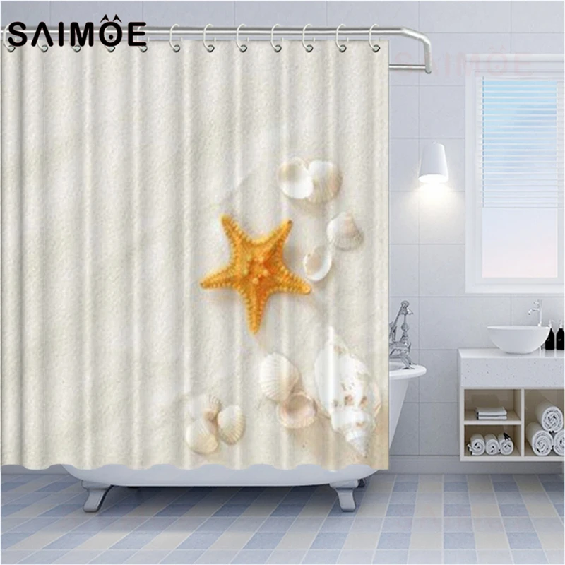 SAIMOE Summer Beach Shower Curtains Yellow Starfish Shell Bathroom