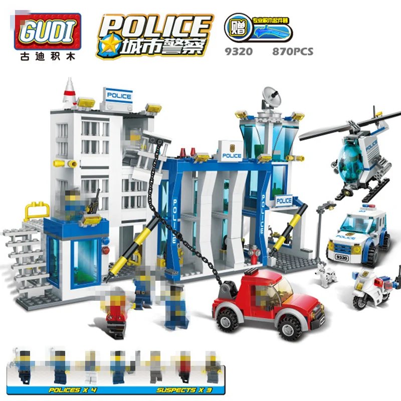 GUDI город полицейский участок 870 шт + Обучающие diy строительные блоки детские