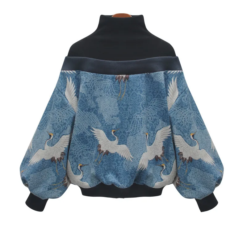 

Women Crane Pattern Printed Sweatshirt 2020New Spring Winter Turtleneck Long Sleeve Loose Oversized Pullover Female Fashion Tops