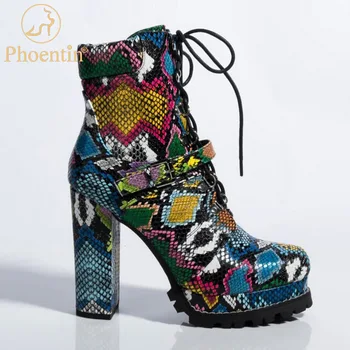 

Phoentin Super High Heeled Bootie Platform Snake Print Lace up Ankle Boots Shoes Women Round Toe Sexy Lady Shoes colorful FT995