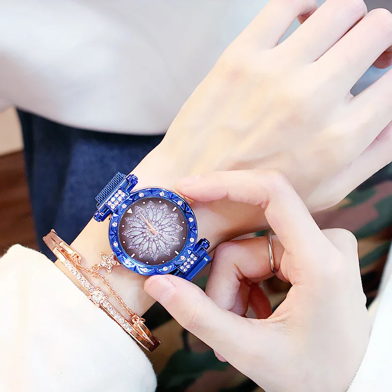 Женские сетчатые часы с магнитной пряжкой и цветочным принтом+ Набор браслетов, роскошные женские Стразы, кварцевые часы, звездное небо, Relogio Feminino