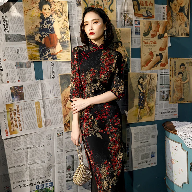 Новое поступление длинное вискозное винтажное женское платье в китайском стиле классическое платье Ципао для выступлений на сцене элегантное женское платье ручной работы с пуговицами - Цвет: 5553 B