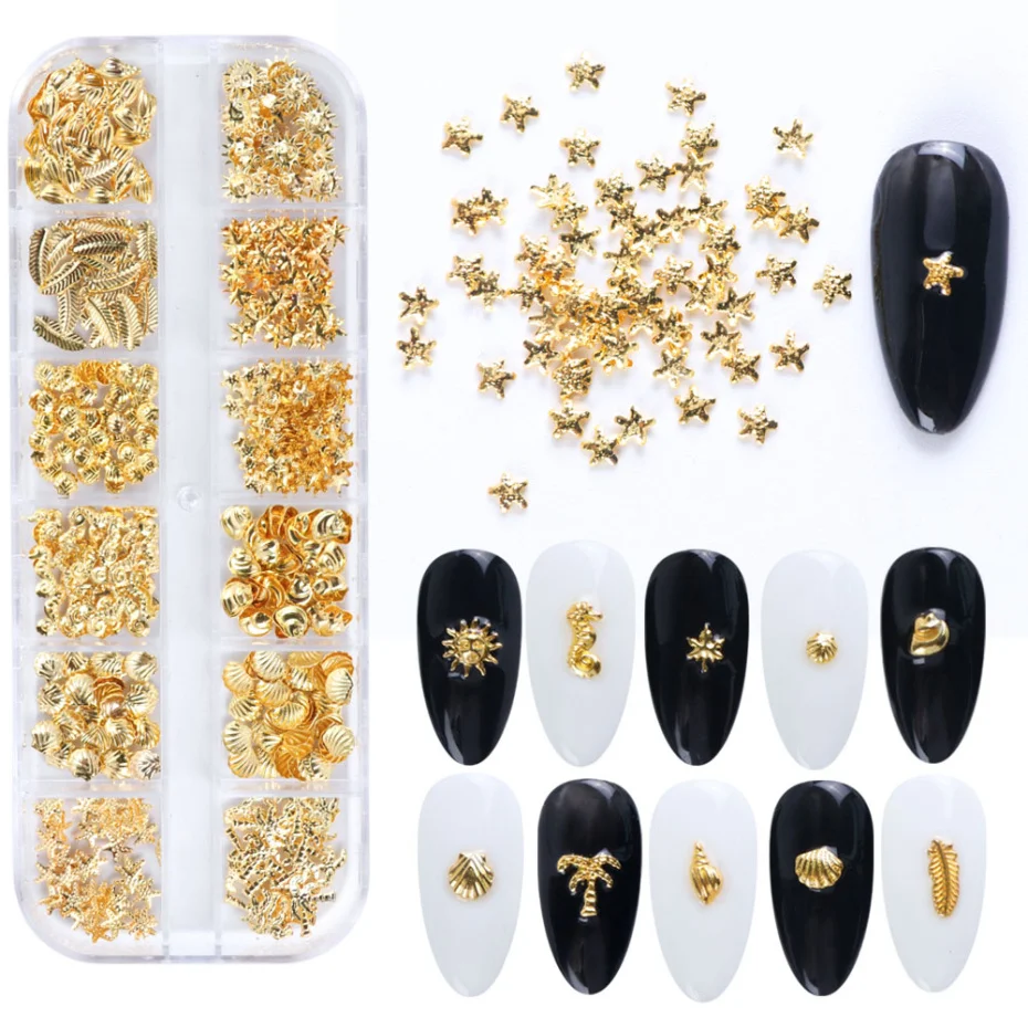 

12 Designs Gold Ocean Style Metal Slices Nail Art Sequins Shell Leaves Star Tree for Nail Arts Pillette Nail Accessories LE25-1