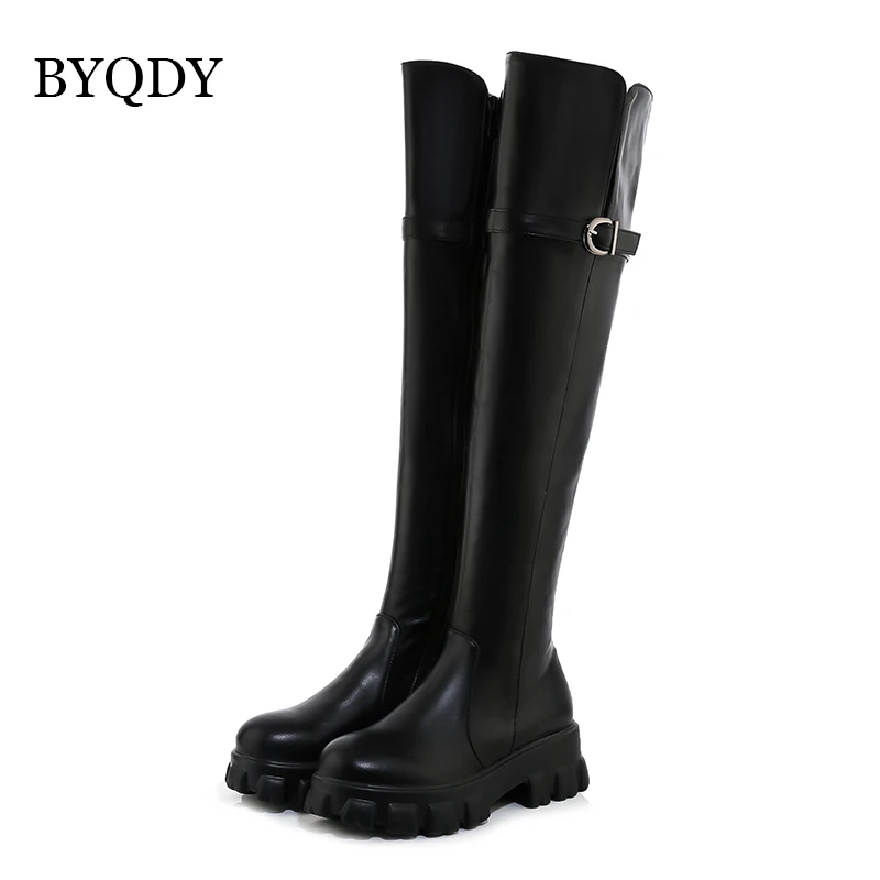 BYQDY Plus Size 34-46 Sexy Lady Over Knee Thigh High Boots Women Autumn Fashion Thick Heels Platform Round Toe Zipper Footwear