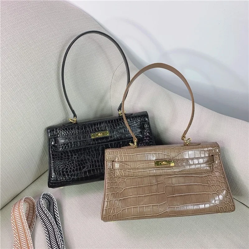 

2020 new first layer cowhide cross section retro crocodile pattern underarm Kelly bag handbag shoulder messenger tote handbag