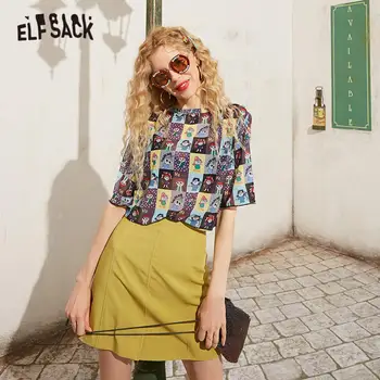 

ELFSACK Purple Graphic Print Korean Casual Women Transparent T-Shirt 2020 ELF Summer Green Daisy Flowers Print Ladies Daily Tops