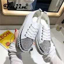 Fujin/Женская Осенняя обувь на плоской подошве со стразами; коллекция года; модная женская повседневная обувь на шнуровке; шикарные удобные кроссовки на платформе с круглым носком