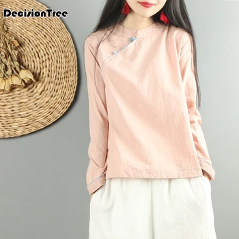 

2020 cheongsam top qipao traditional oriental chinese clothing for women long sleeve tops cotton and linen mandarin collar