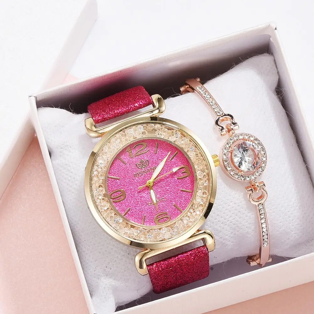 Rose With Bracelet Модные звездное небо, стразы, циферблат, женские наручные часы, кожаный ремешок, кварцевые часы, современные наручные часы для женщин, Relogio Feminino - Цвет: Rose With Bracelet