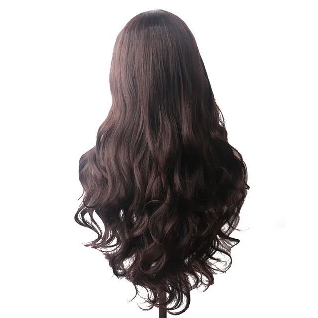 WoodFestival Wavy Synthetic Hair Wig Cosplay Ladies Colored Long Wigs For Women White Pink Red Dark Brown Green Blue Grey Ombre Dark Brown