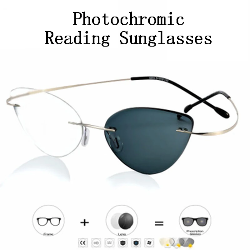 

Intelligent Photochromic Presbyopia Sunglasses Cat Eye Rimless Reading Glasses magnifier Hyperopia Spectacles 0,+1.0~+3.5 N5