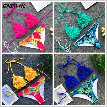 

GNIM 3D Flower Bikini Sexy Bandage Swimwear Women 2019 Solid Swimsuit Brazilian Biquini Bathing Suit Two Pieces Summer Beachwear