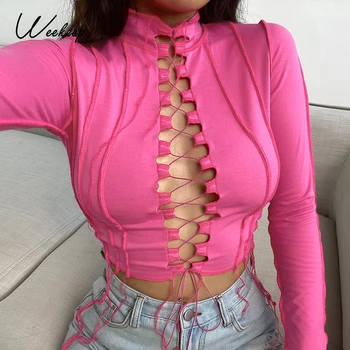 

Weekeep Rib Knitted Streetwear Crop Top Long Sleeve Fashion Women Hollow Out T-shirts Sexy Party Club Bandage Cross Lace Up Tops