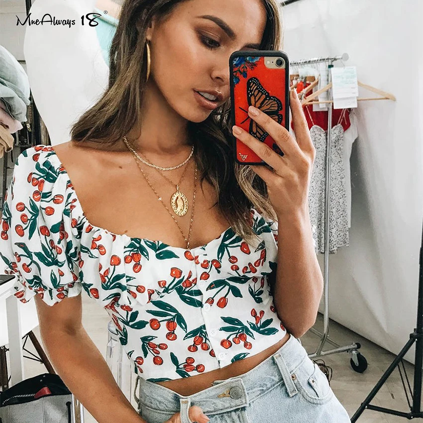Mnealways18 Весенняя блузка с цветочным принтом женский летний укороченный топ милой