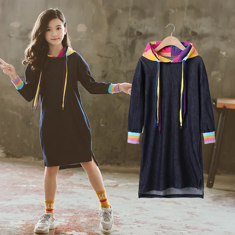 

2019 New Arrival Blue Denim Long T Shirts Dresses For Baby Big Girls Hooded Long Sleeve Autumn Dress Kids Clothing Casual G534