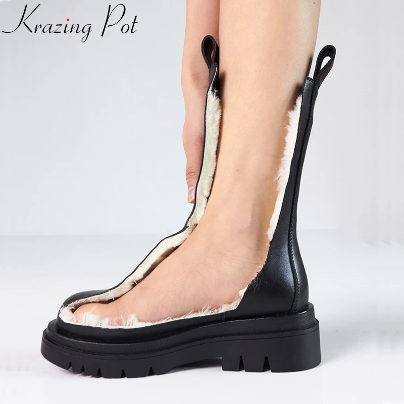 US $50.00 Krazing Pot Leather Winter Shoes Big Size Med Heels Thick Bottom Motorcycles Snow Boots Fur Warm Platform Concise Ankle Boots