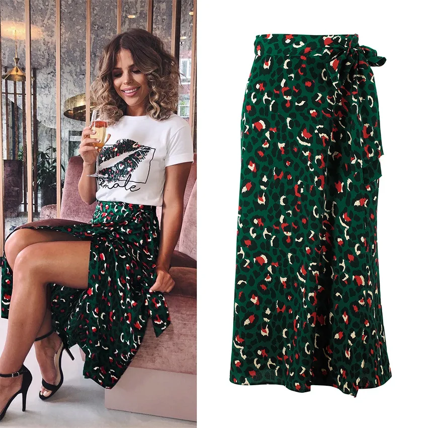 Mejor Compra Leopardo Vintage faldas largas estampadas las mujeres falda a media pierna de cintura alta corbata de verano 2021 Split Sexy falda damas playa verde Myw5eMnlnq9