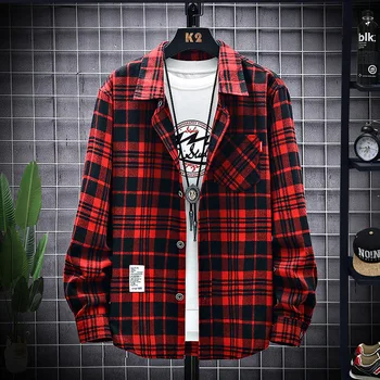 

L Spring and Autumn New Style Lattice Long-sleeved Shirt Male Men