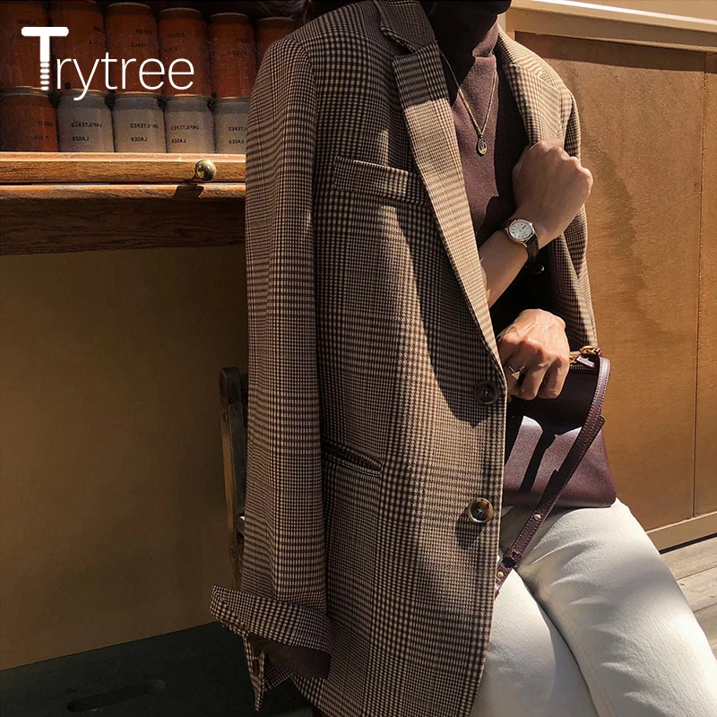 Trytree Autumn Winter Women Casual Coat Vintage Turn-down Collar Single Breasted Plaid Pockets Fashion Office Lady Suit Coat