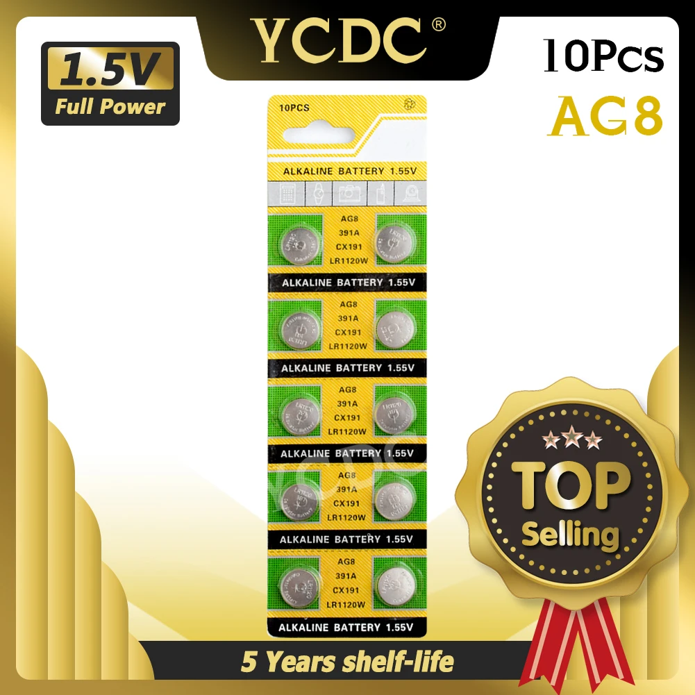 YCDC-Pilas de reloj AG8 AG, 8 LR1120, GP391, SR1120W, alcalina, pila de moneda, botón, para calculadora, 10 Uds.