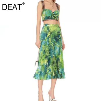 

DEAT 2020 New Summer Fashion Casual Sleeveless Short Vest Strapless Backless Print High Waist Pleated Skirt Women SD591