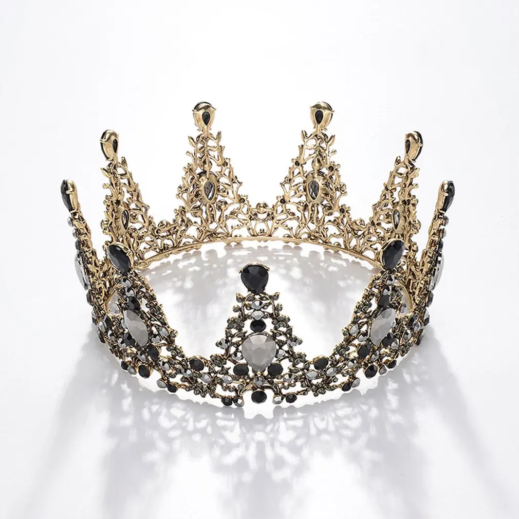 Korean Retro Baroque Round Crown Black Queen Crown Multi-Drill Bride Wedding Headpiece Hair Accessories