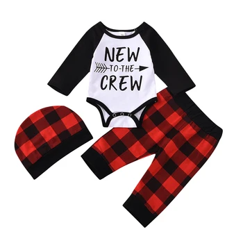 

Christmas Toddler Boy Clothes Long Sleeve Romper+ Trousers+ Hat Red Plaid Print Letter Pattern Xmas Costume Boys Clothing Set