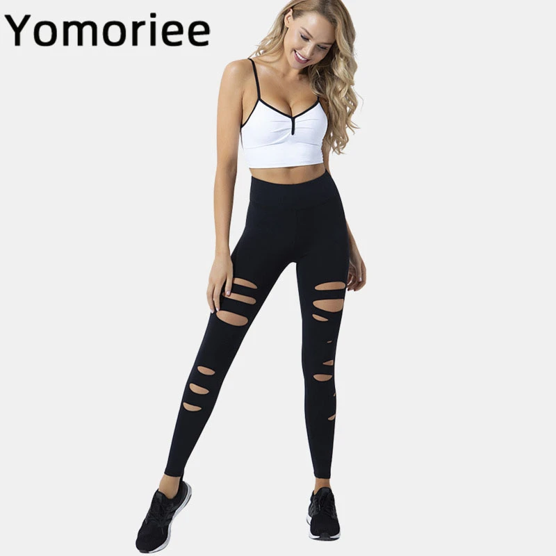 

Gym Women Yoga Set Sport Workout Running Training Sexy Push-up Sportswear Solid Color Pants With Holes High Elastic Yomoriee