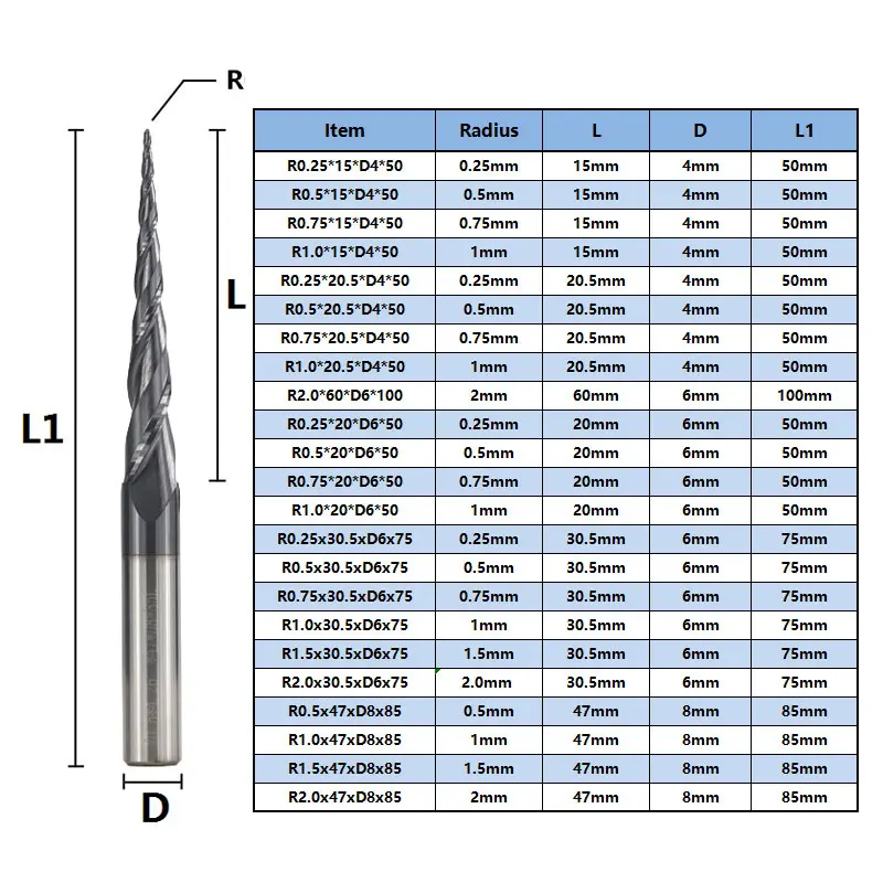 XCAN 1pc R0.25-R2.0 TiAIN Coating 2 Flute Tapered Ball Nose End Mill CNC Router Bit Carbide Milling Cutter Wood Engraving Bit