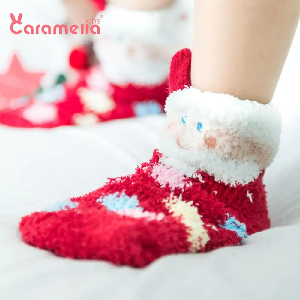 Caramella 3 пары/партия, зимние тапочки детские носки с забавными животными Детские носки противоскользящие теплые махровые носки Pom короткие носки для девочки, мальчика Подарочная коробка посылка
