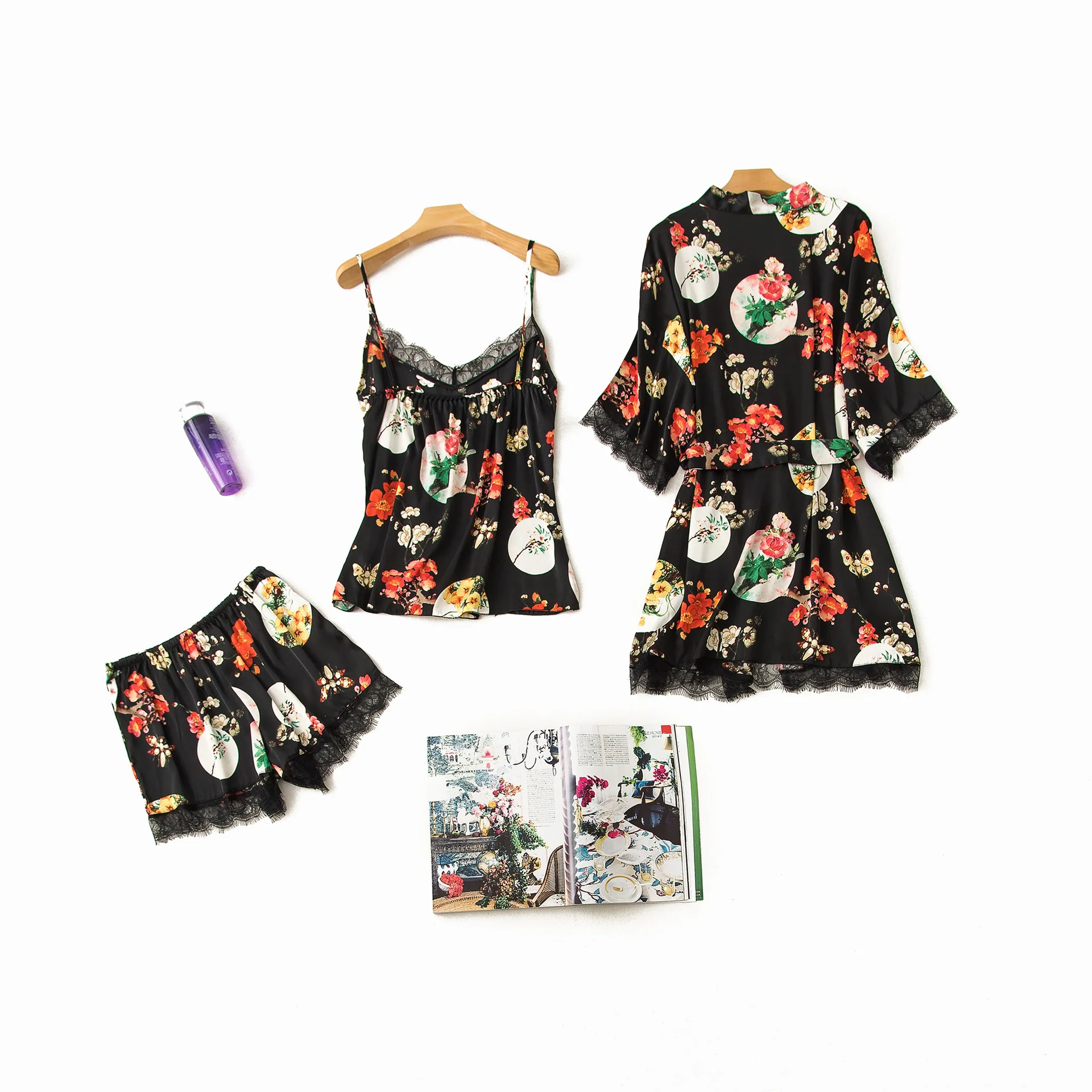 Sleepwear 3 Pieces Satin Faux Silk Autumn Sling Short Pants Homewear Woman Summer Pajamas Set Floral Printed Sleep